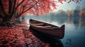 .Boat On The Lake In The Autumnal Forest. Colorful Autumn Landscape. Nature Background