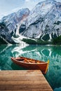 Boat at lake braies dolomites Italy Royalty Free Stock Photo