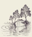 Boat on lake close to the shore hand drawing