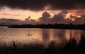 Boat on Lake Diatas at sunset, Sumatra, Indonesia