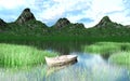 A boat on the lake at the edge of a mountain. This is a 3d render illustration