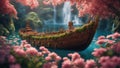 boat on the lake A fantasy boat at high speed in a sea of flowers, with waterfalls, butterflies, and fairies. Royalty Free Stock Photo