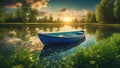 boat on the lake highly intricately detailed photograph of Spring summer landscape blue sky clouds Narew river boat Royalty Free Stock Photo