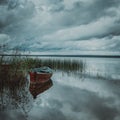 Boat on lake with a reflection trees and barn Royalty Free Stock Photo