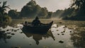 boat on the lake A scary boatman punting a boat on a river of slime, with swamps, , and zombies.