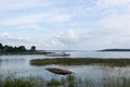 Boat on the lake Seliger in Russia, near Ostashkov town Royalty Free Stock Photo