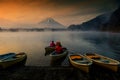 boat at Lake Shoji with mt. Fuisan at dawn Royalty Free Stock Photo