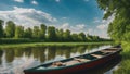 boat on the lake Spring summer landscape blue sky clouds Narew river boat green trees countryside grass Royalty Free Stock Photo
