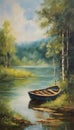 boat on the lake,summer forest,landscape painting Royalty Free Stock Photo