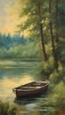 boat on the lake,summer forest,landscape painting Royalty Free Stock Photo