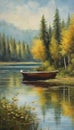 boat on the lake,summer forest,landscape painting Royalty Free Stock Photo