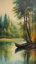 boat on the lake,summer forest,landscape painting Royalty Free Stock Photo