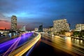 Boat light trails on the river