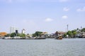 A boat load of sand in Chao Phraya River Background cityscape and sky at Pak kret in Nonthaburi , Thailand. April 16, 2019