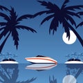 Boat located in tropical place, paradise island, palm tree leaf silhouette sand beach, shore, night moon sea, ocean trip