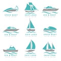 Boat logo and yacht label set. Fast motor, speedboats waves signs vector illustration Royalty Free Stock Photo