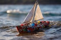 Boat made of plastic waste. Preserve oceans and planet earth. Recycle and Ecology concept. Generative Ai