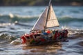 Boat made of plastic waste. Preserve oceans and planet earth. Recycle and Ecology concept. Generative Ai