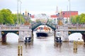 Boat maneuver through the canals of Amsterdam drawbridge