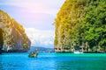 Boat in MAYA Bay Phi Phi Islands Andaman sea Krabi Thailand.