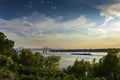 Boat in the Mississippi River near the Vicksburg Bridge in Vicksburg at sunset, Mississippi Royalty Free Stock Photo