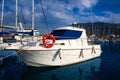 Boat moored in Mediterranean marina in Denia Alicante