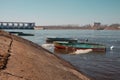 Boat mooring on the Volga River. Uglich. The dam of the coal min Royalty Free Stock Photo