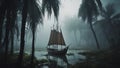 boat in the morning A scary sail boat seen through palm trees, in a swamp of slime, with fog, Royalty Free Stock Photo