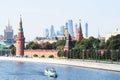 Boat in Moskva River near Kremlin in Moscow city Royalty Free Stock Photo