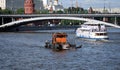 The boat `Mosvodostoka` on the Moskva River near the Kremlin Royalty Free Stock Photo