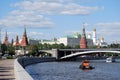 The boat `Mosvodostoka` on the Moskva River near the Kremlin Royalty Free Stock Photo