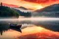 boat on a mountain lake at sunset. Generative AI Royalty Free Stock Photo