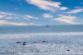 Boat moving in the middle of the sea and birds flying in the sky on a sunny day Royalty Free Stock Photo