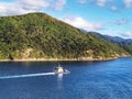 A boat navigating waters of Marlborough Sound on the South Island of New Zealand in the afternoon