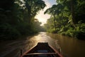 Boat navigating through the winding rivers of the Amazon, with lush greenery and wildlife in the background, emphasizing the