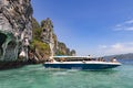 Boat near entrance to a lagoon in tropical Koh Hong island is famous tour in Andaman sea