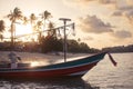 Boat near idyllic beach with palm trees at sunset Royalty Free Stock Photo