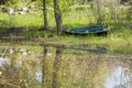 The boat near the shore of the river in the spring