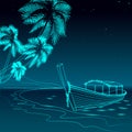 Boat night promenade sea vacation. Romantic date wedding travel leisure sandy coast starry sky. Palm beach ocean shore