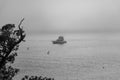 Boat In Ocean On Foggy Day, Negative Copy Space Royalty Free Stock Photo