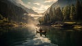 boat outdoors water river lake person travel scenic nature landscape. Generative AI.