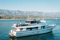 Boat in the Pacific Ocean, seen from Stearns Wharf, in Santa Barbara, California Royalty Free Stock Photo