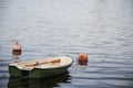 A boat with paddles moored on the lake