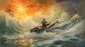 Struggling Kayak: A Boat Painting Of A Vessel Caught In Raging Adriatic Sea