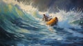 Struggling Kayak: A Boat Painting Of A Kayak Caught In Raging Adriatic Sea