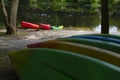 Boat parking on the river in nature. Rent kayaks, boats Royalty Free Stock Photo