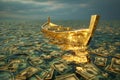 A boat peacefully floats on top of a body of water, with piles of money surrounding it, A golden ship sinking in a sea of money,