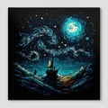 Boat with people in the ocean at storm time. One person is standing on a water. View of the waves at night. Starry sky with Milky