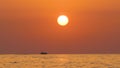 A boat with people sailing on the sea on the horizon at high speed during sunset Royalty Free Stock Photo