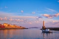 Boat in picturesque old port of Chania, Crete island. Greece Royalty Free Stock Photo